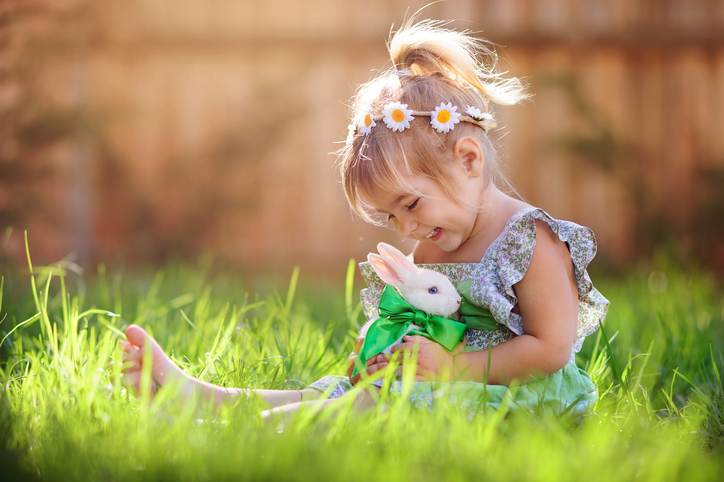 Little girl playing with a bunny on the grass